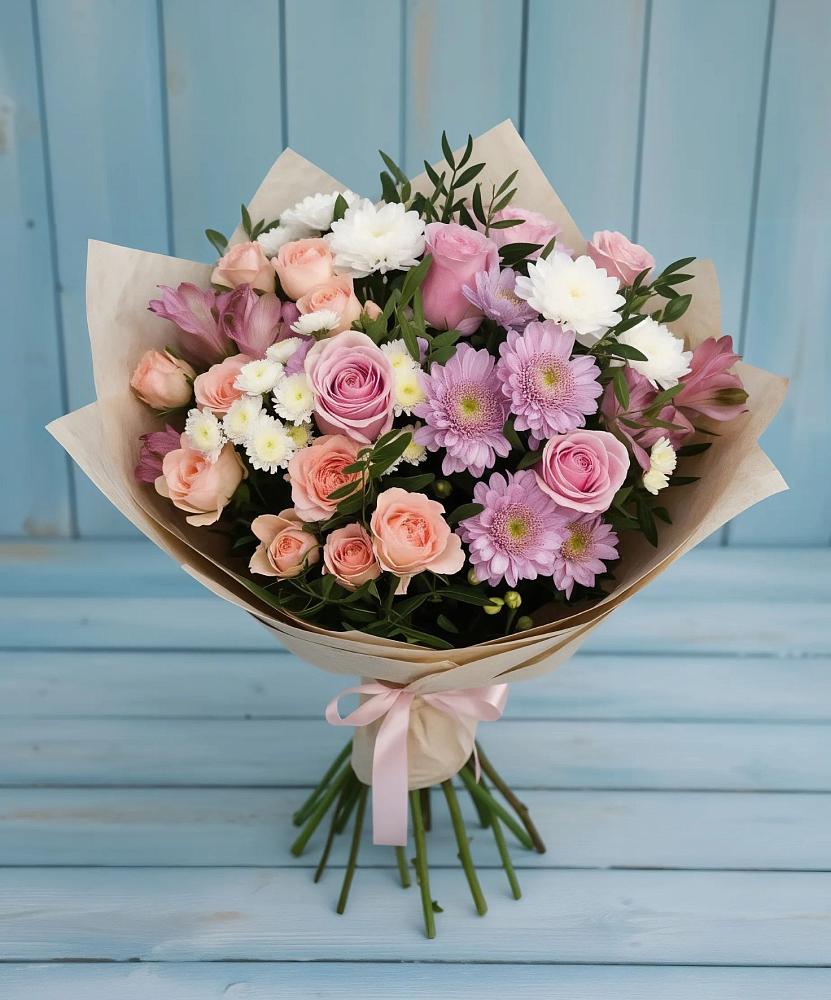 Букет цветов из: Хризантемы, Розы и Альстромерии в Вешки