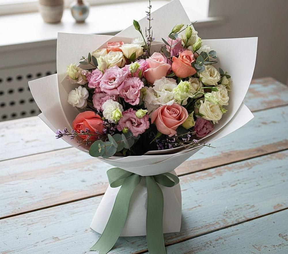 Букет цветов из: Розы, Лизиантусы и Гвоздики в Вешки