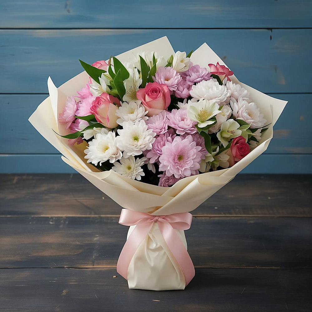 Букет цветов из: Хризантемы, Альстромерии и Розы в Вешки